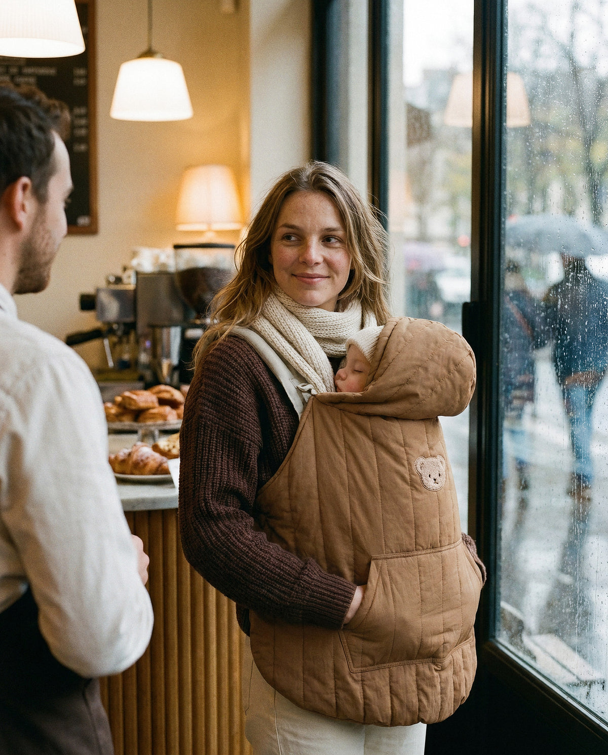 Maman au café un jour de pluie, bébé endormi sous la Cape Cocon matelassée