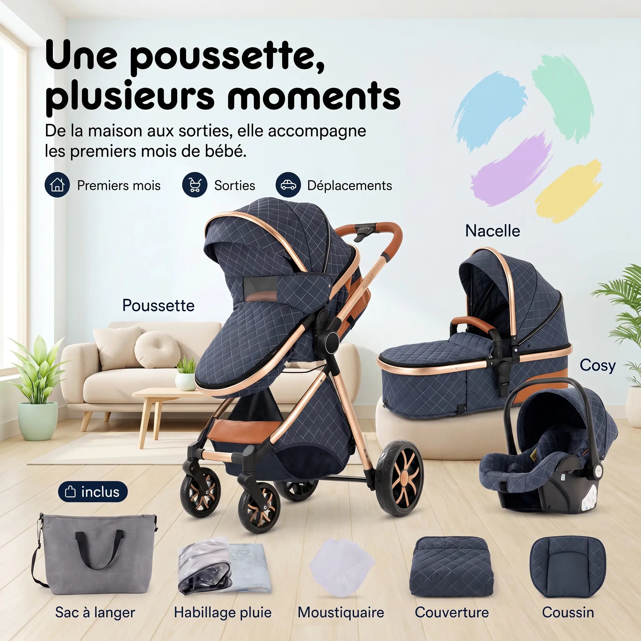 Poussette 3 en 1 - Bleu Saphir Mamilly