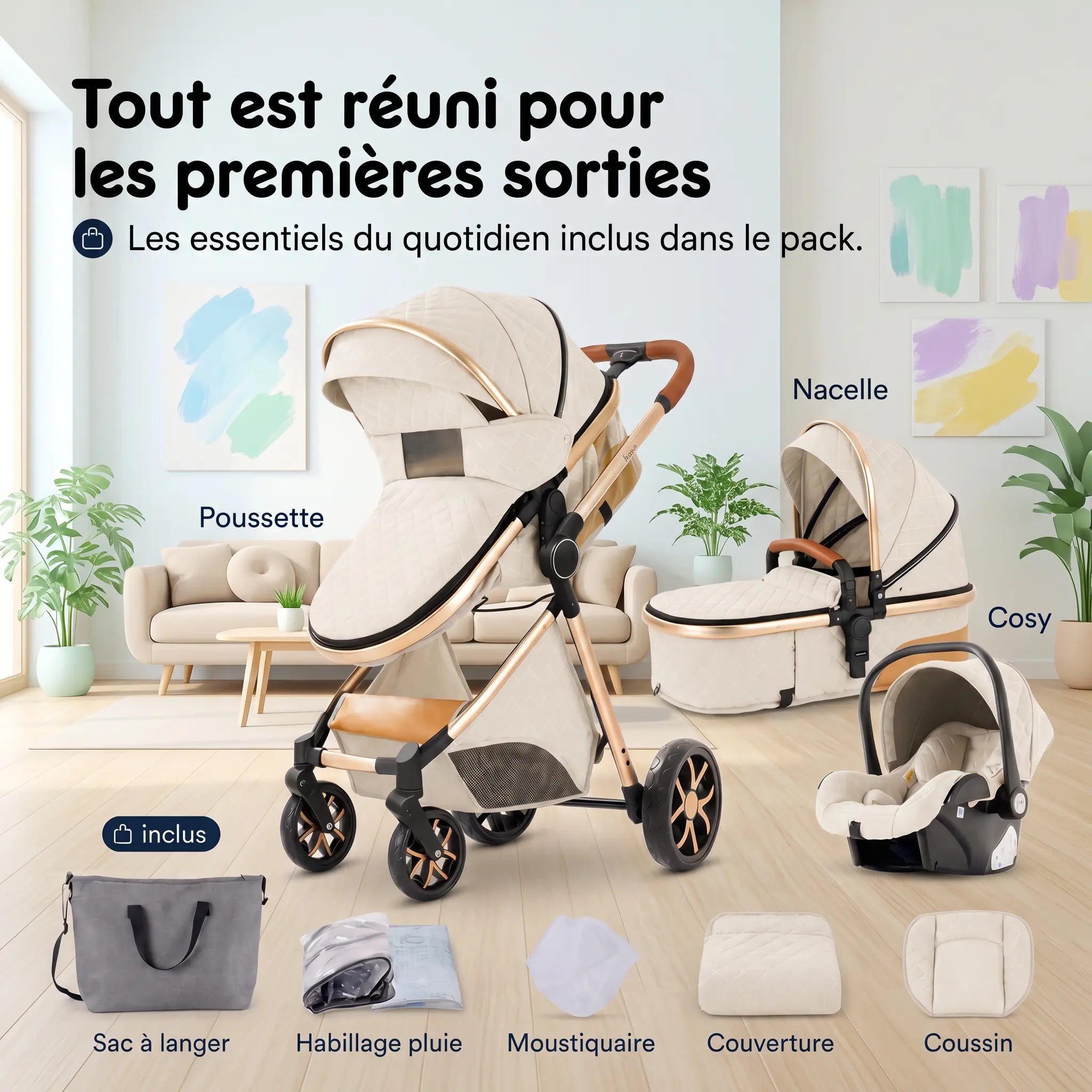 Poussette 3 en 1 - Blanc Ivoire Mamilly