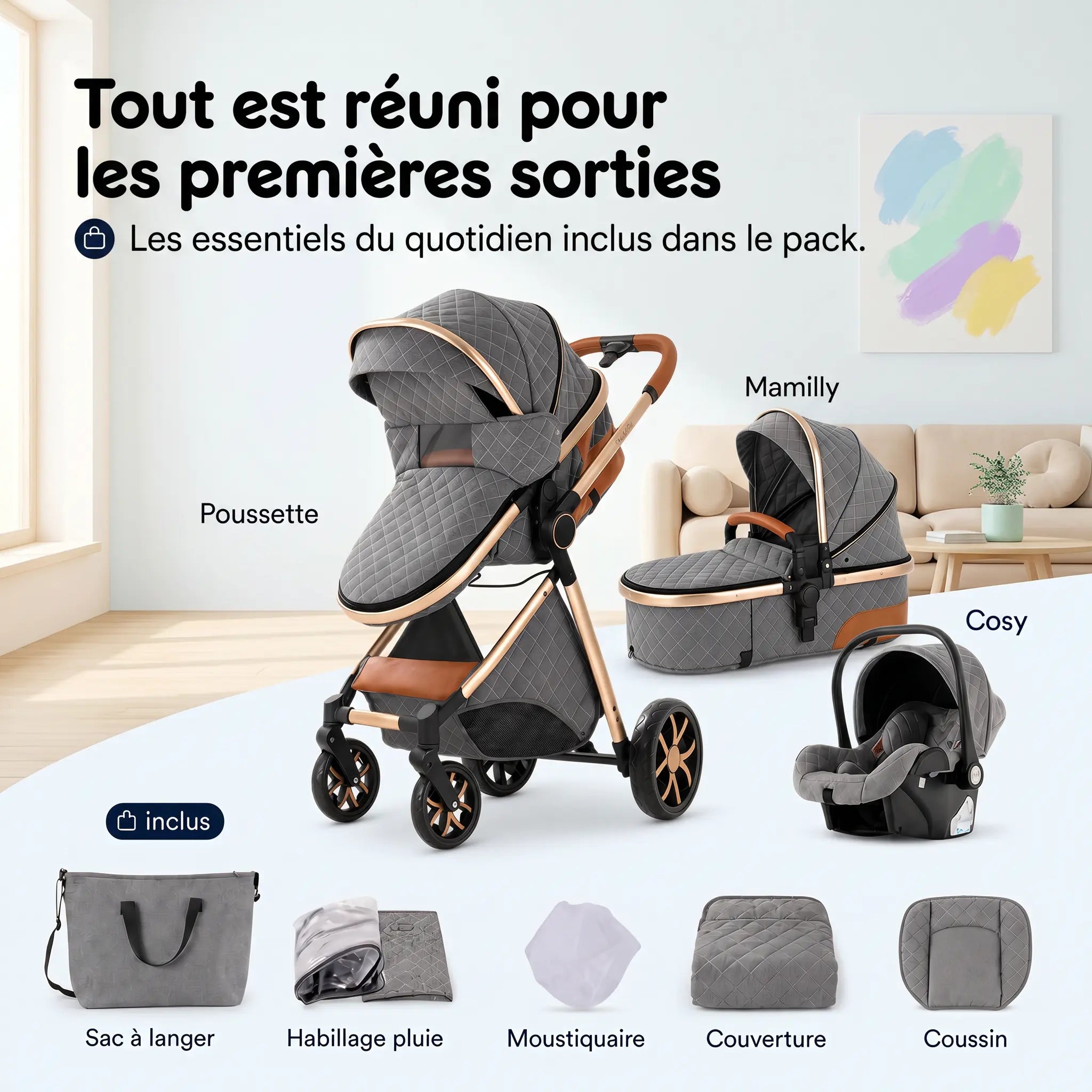 Poussette 3 en 1 - Gris Cendré Mamilly