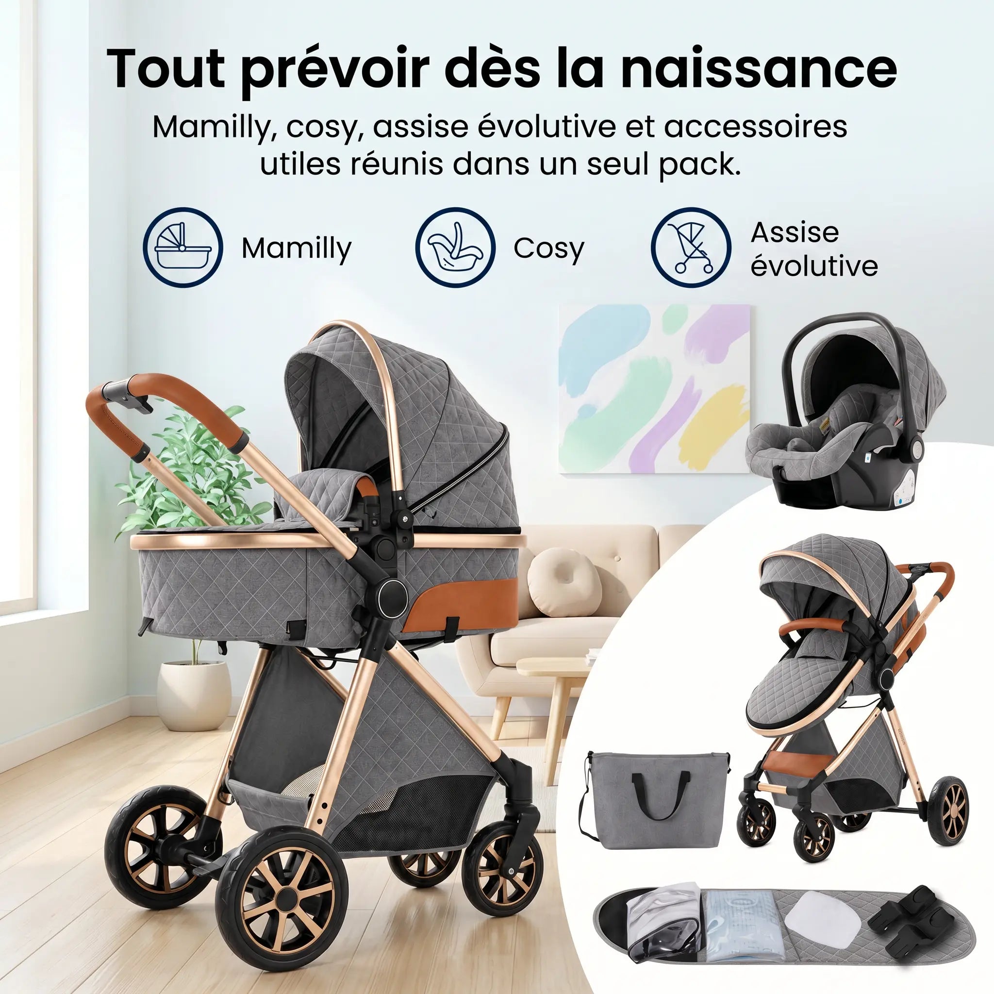 Poussette 3 en 1 - Gris Cendré Mamilly