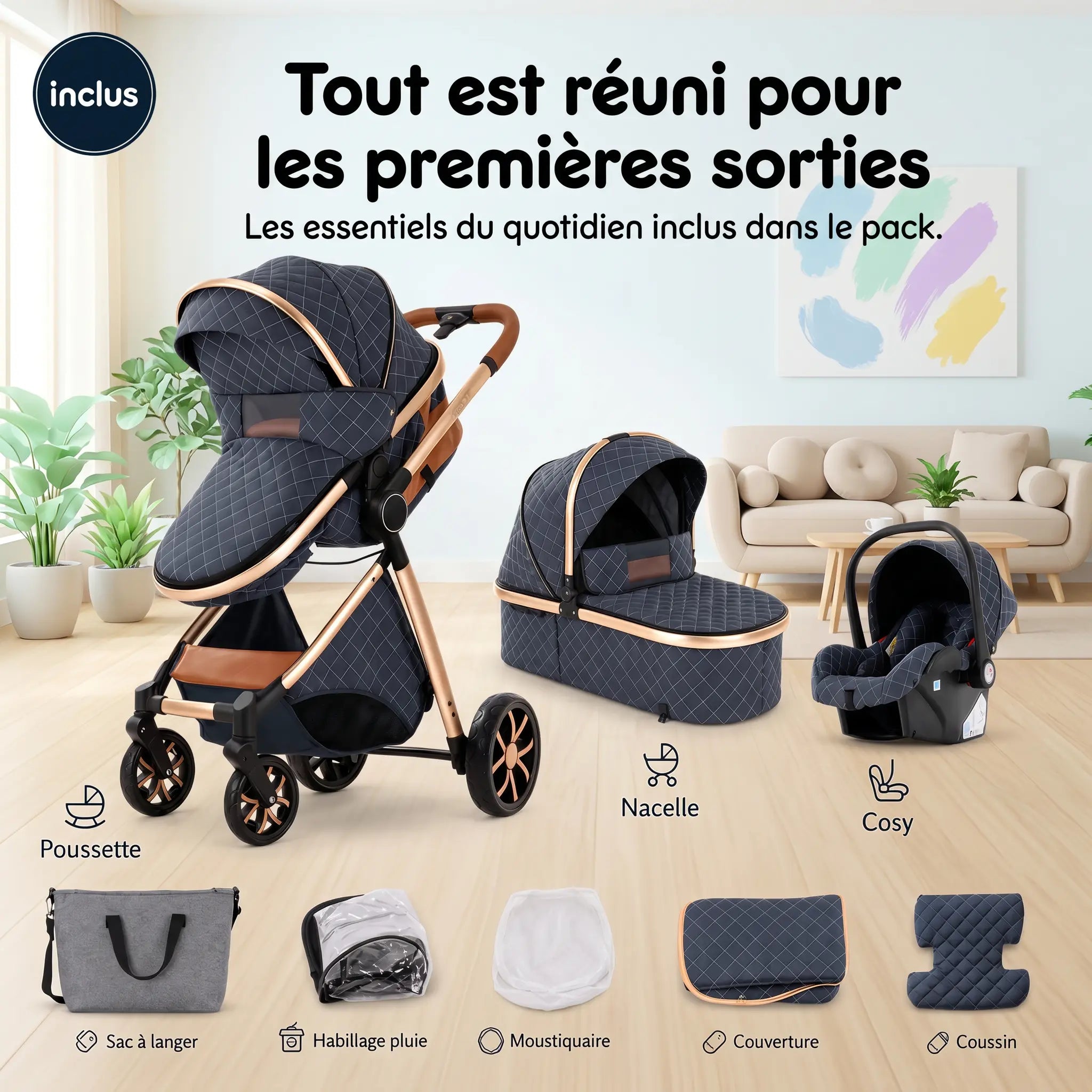 Poussette 3 en 1 - Bleu Saphir Mamilly