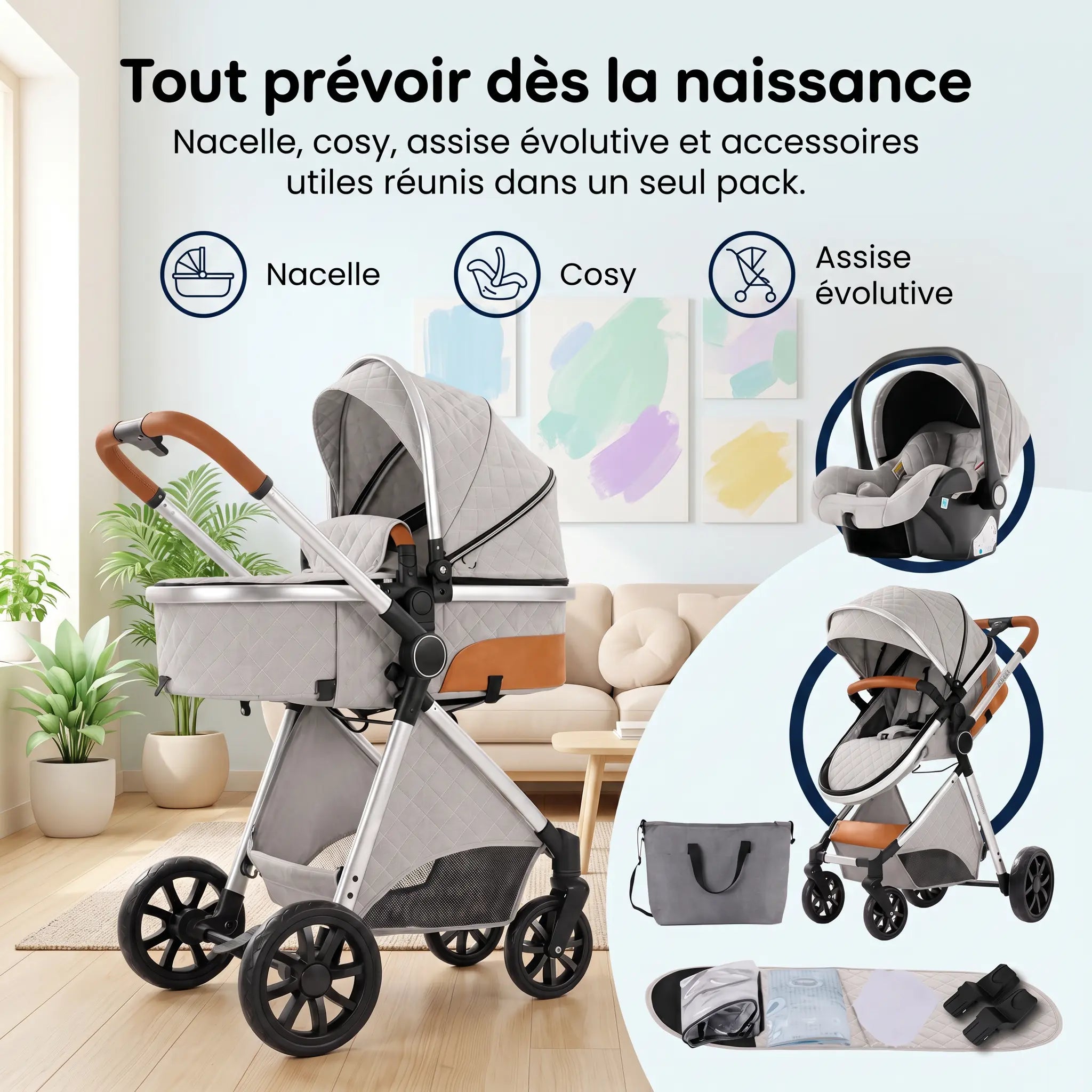 Poussette 3 en 1 - Brume D'argent Mamilly