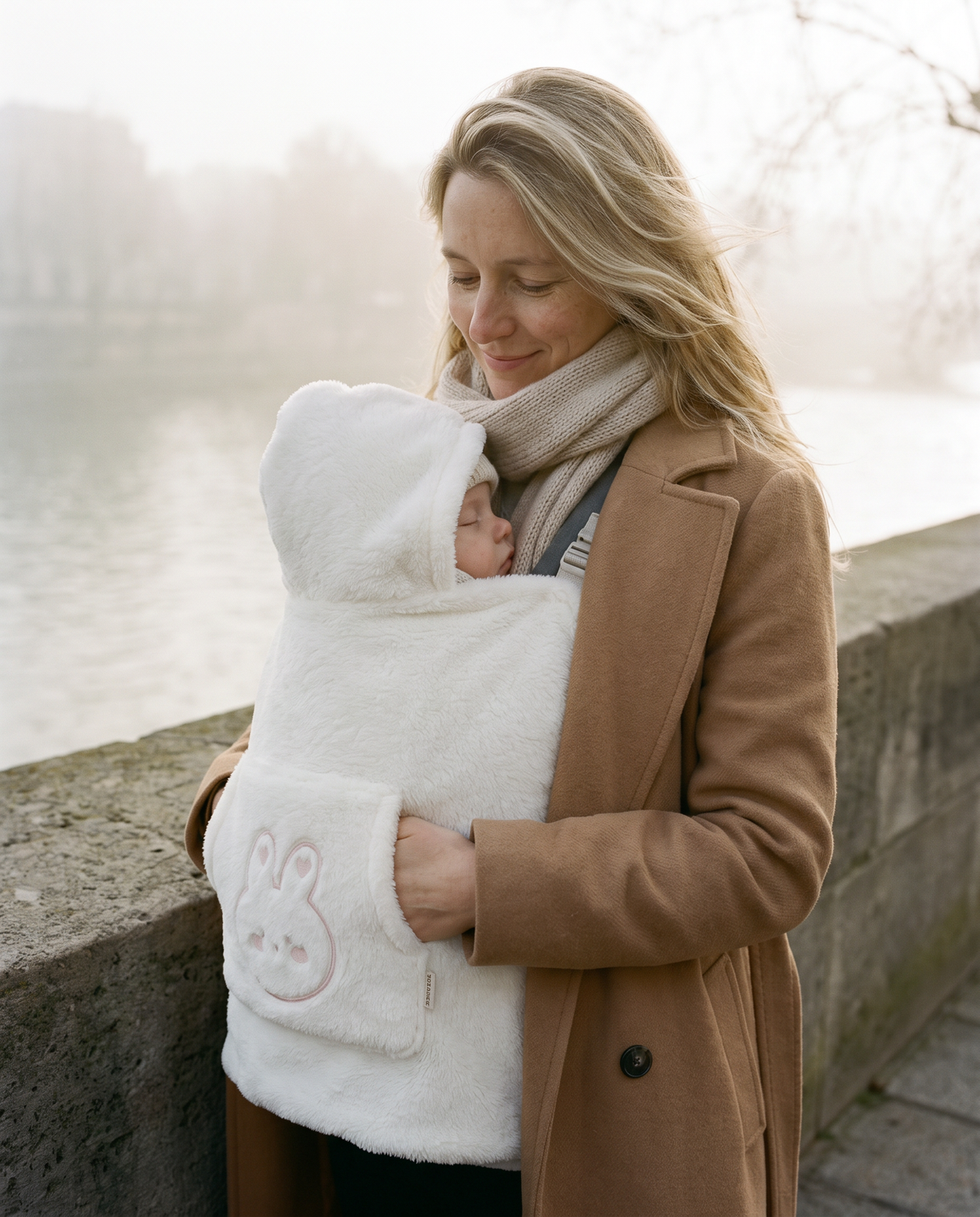 Maman sur les quais de Seine un matin d'hiver, bébé endormi au chaud sous la Cape Nuage polaire ivoire