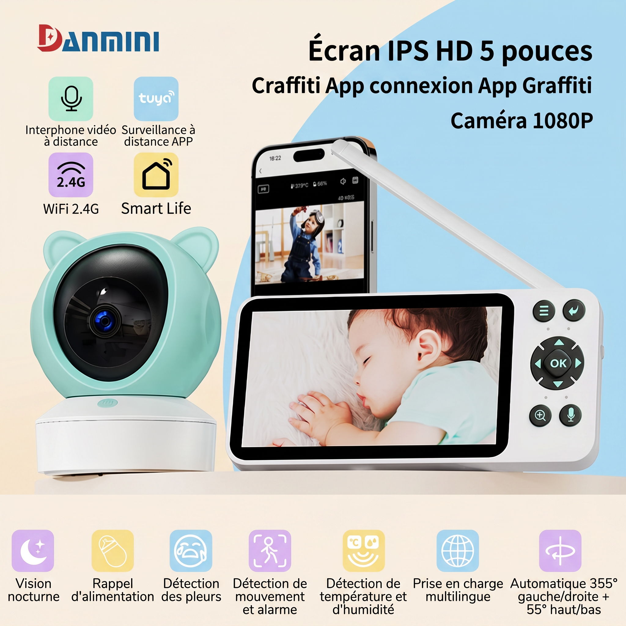 Mamilly Veillée Connect — Babyphone vidéo 2K avec application Mamilly